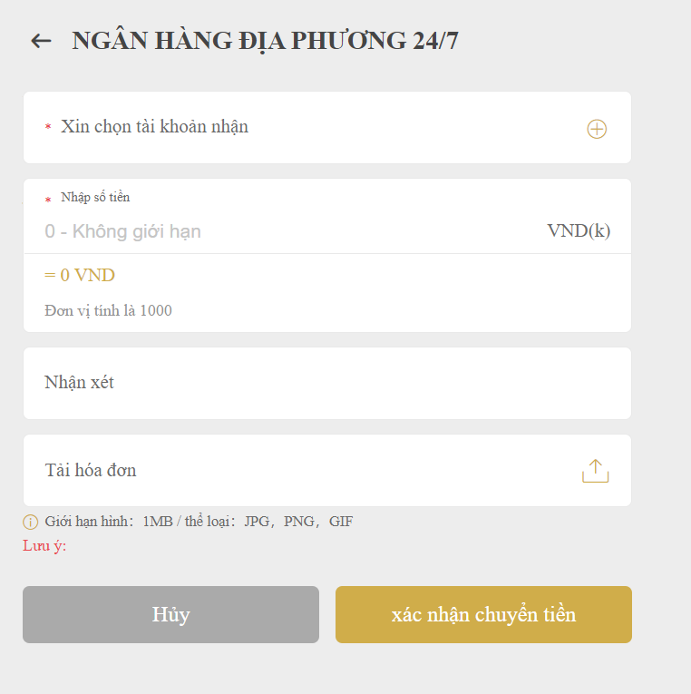 Nạp tiền qua ngân hàng địa phương